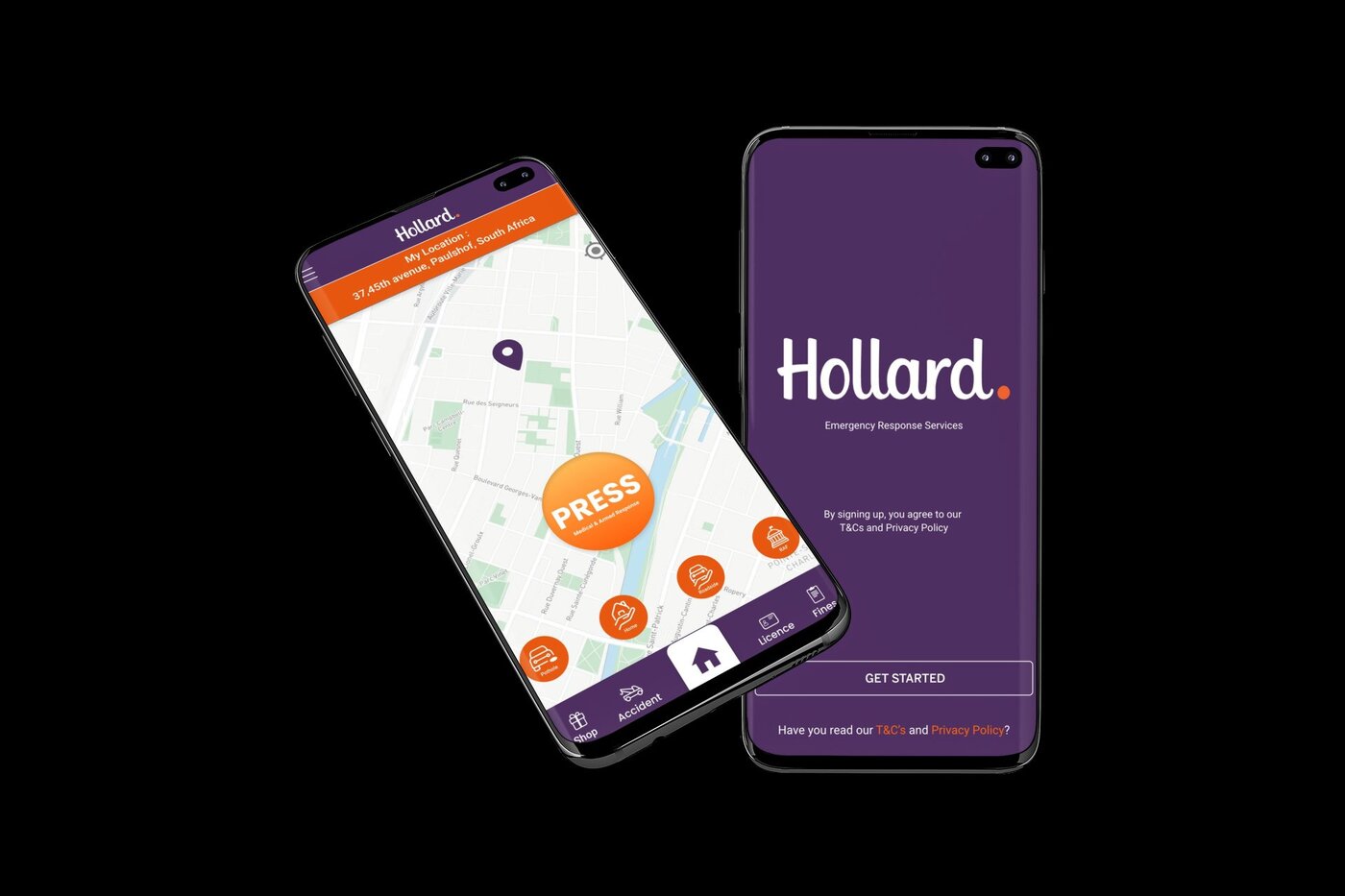 Hollard Help app shown across two Samsung Galaxy S10 phones — splash and panic map screen